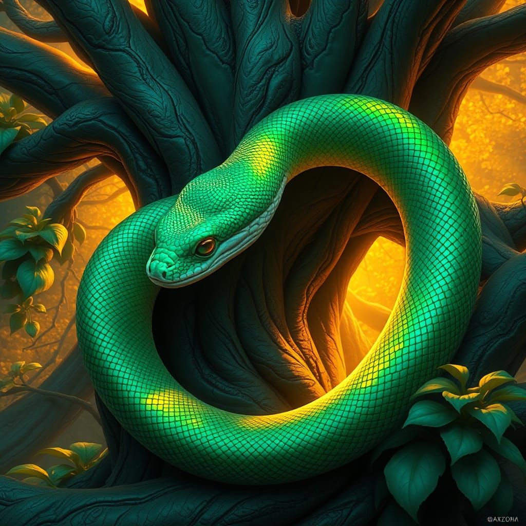 Emerald Boomslang in Fantasy Realm: Matte Painting