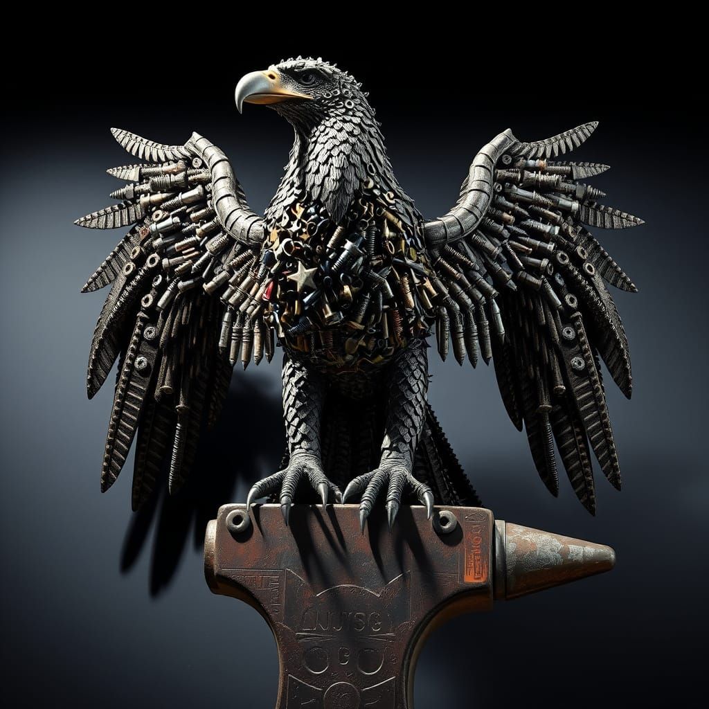 Metallic Eagle Sculpture on Anvil in Dramatic Lighting