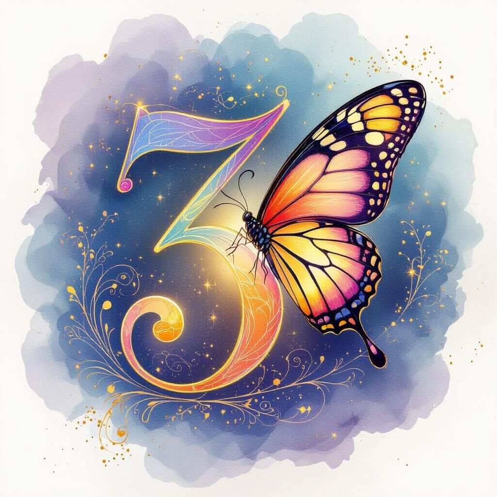Number Three Transforms Into Butterfly, Art Nouveau Style