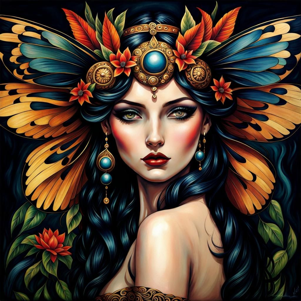 Mystical Dark Fairy Warrior in Bohemian Style