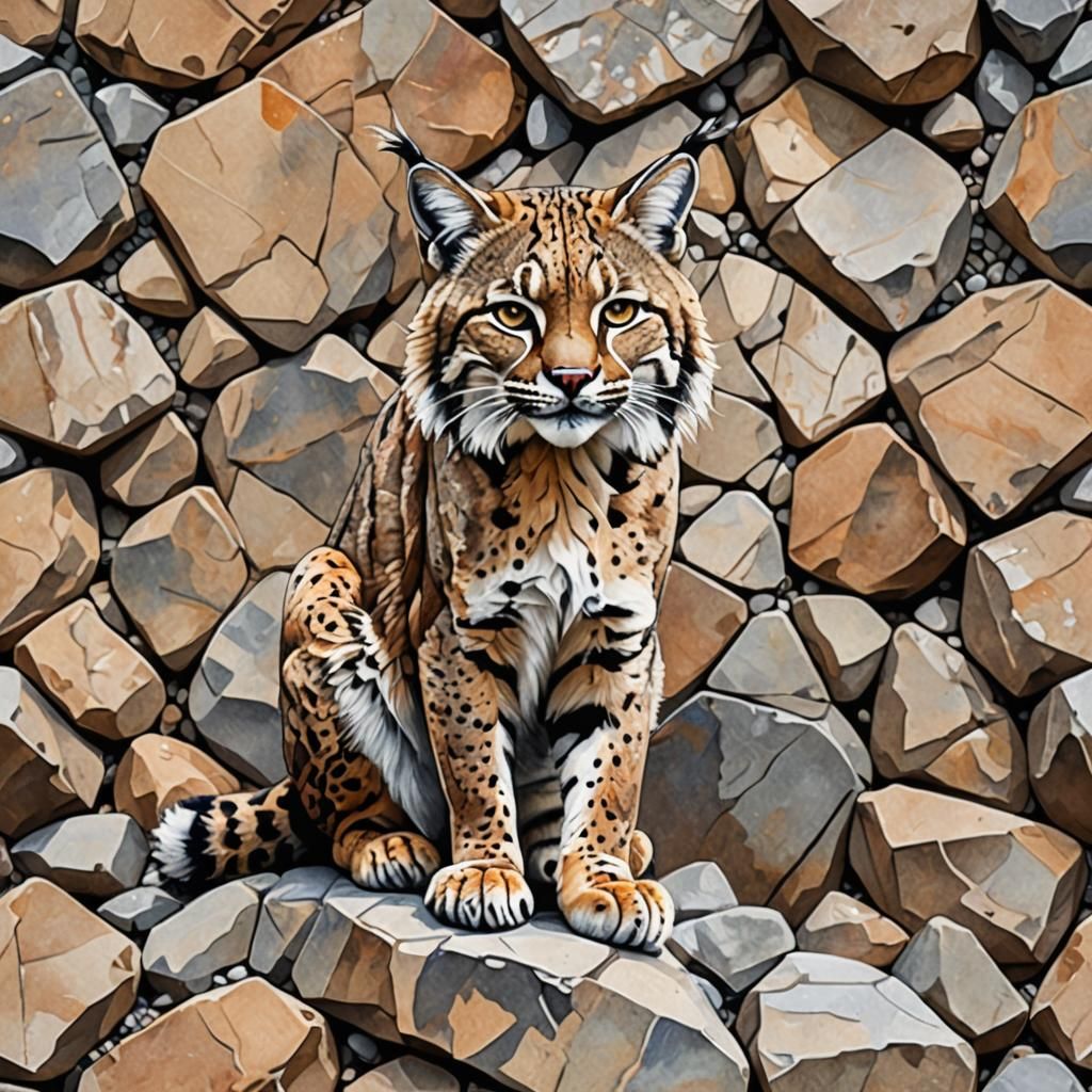 Watercolor Mosaic Bobcat in Mountain Rocks