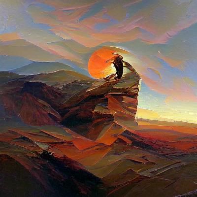 Sunset Hill Oil Painting of Solitary Man