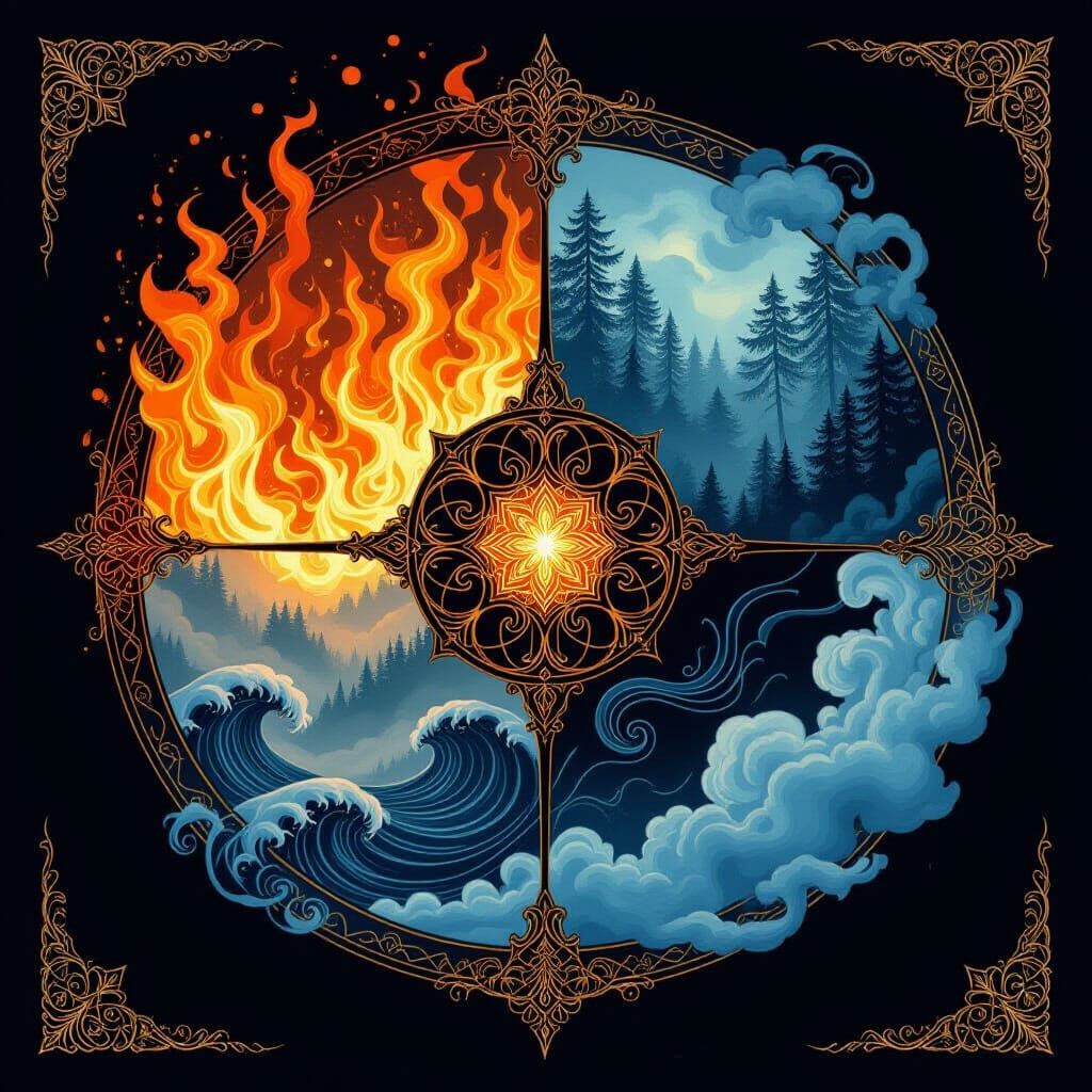 Mystical Elemental Wheel in Art Nouveau Style