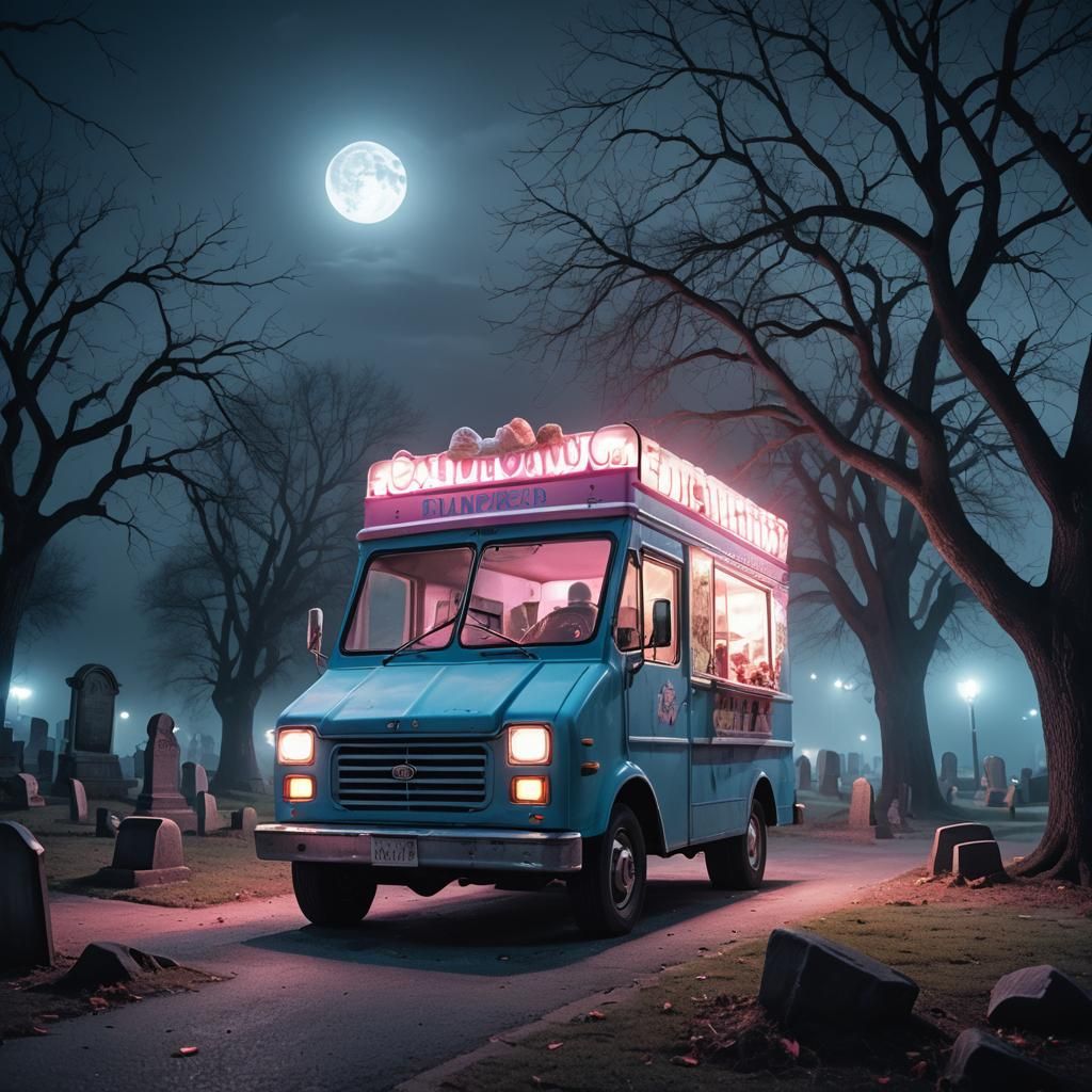 Eerie Ice Cream Truck in Graveyard: Surreal Digital Art