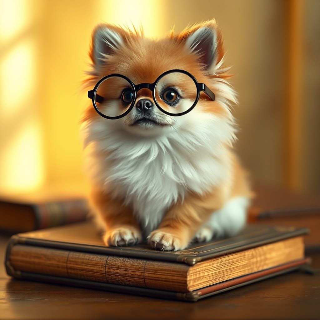 Pomeranian with Glasses in Whimsical Style