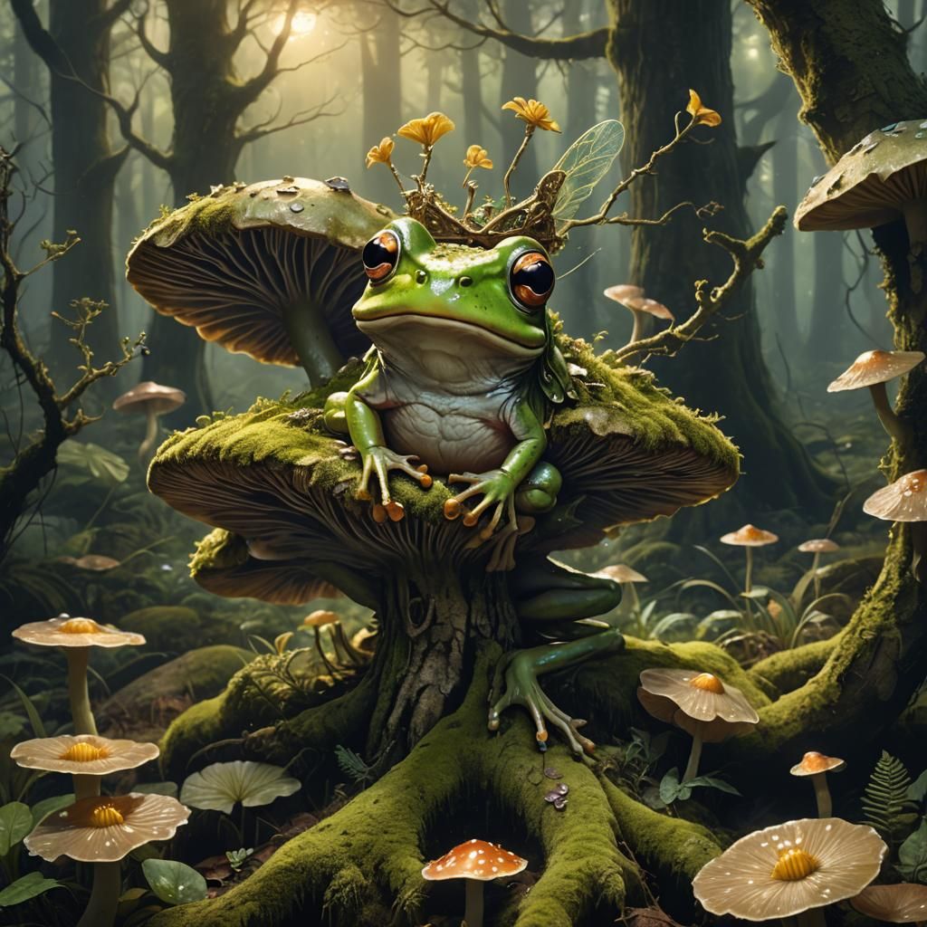 Enchanted Frog with Fairy Wings in Fantasy Forest