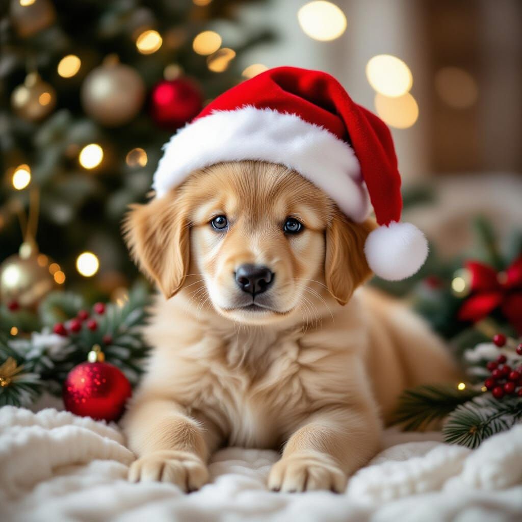 Adorable Golden Retriever Puppy in Santa Hat
