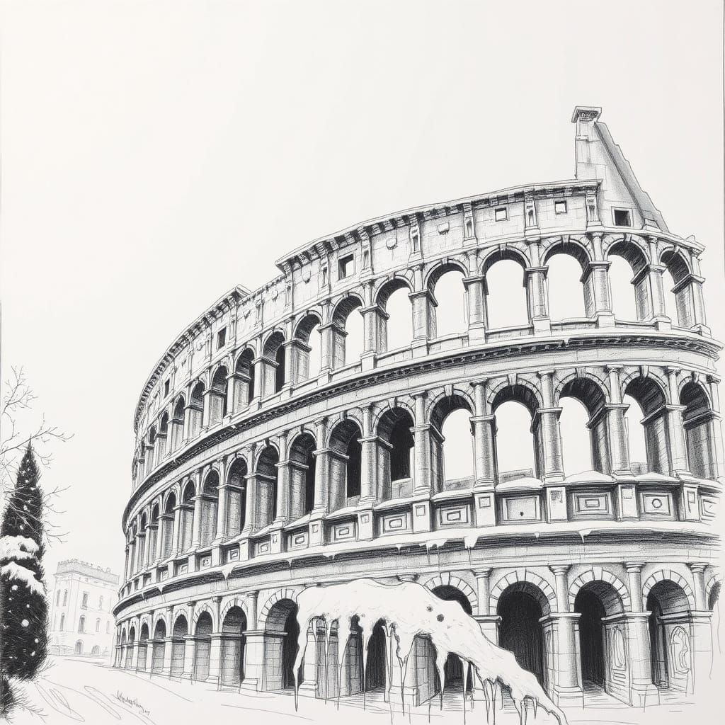 The Colosseum in Rome with icicles hanging from its arches, ...