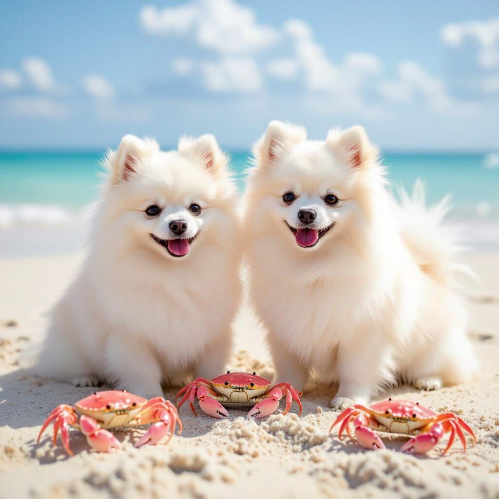 White Pomeranians Play on Beach with Pink Crabs