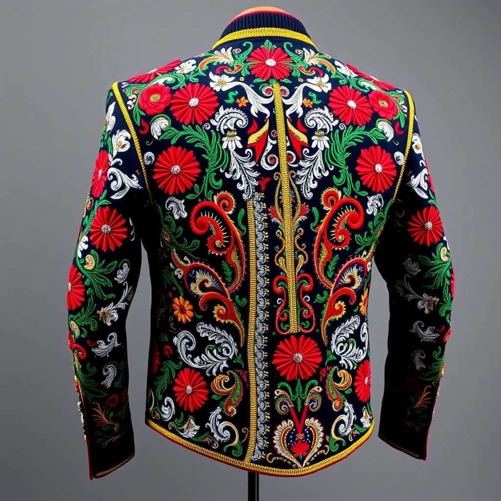 Vibrant Mariachi Jacket with Intricate Sequins and Gold Brai...