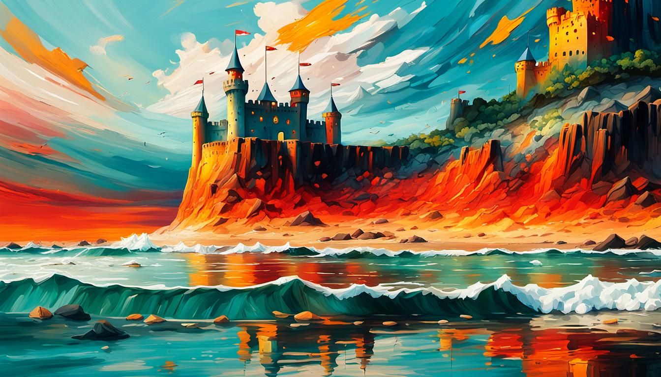 Majestic Sinking Castle on Sandy Beach in Oil Painting Style