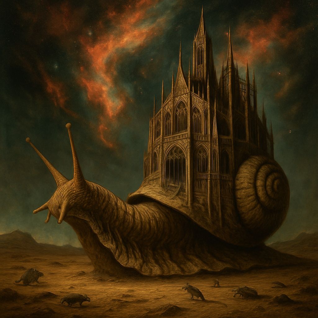 Giant Snail Cathedral in Surreal Desert Landscape