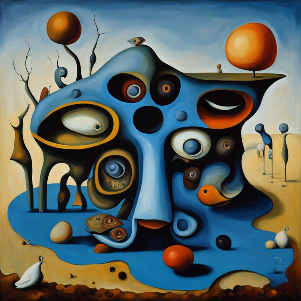 Surrealist Oil Painting: Tables and Faces Intertwined