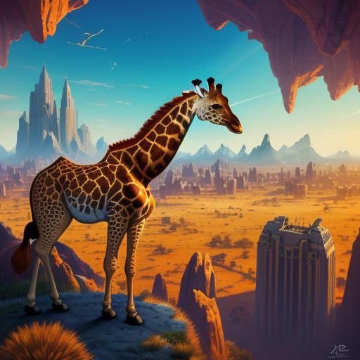 Surreal Giraffe Embarks on Whimsical City Adventure