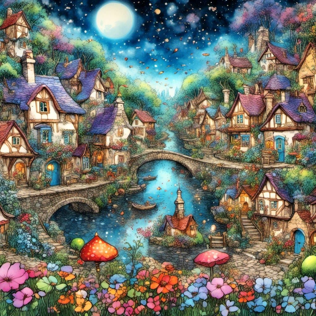 Fantasy English Village in Airbrushed Vintage Style