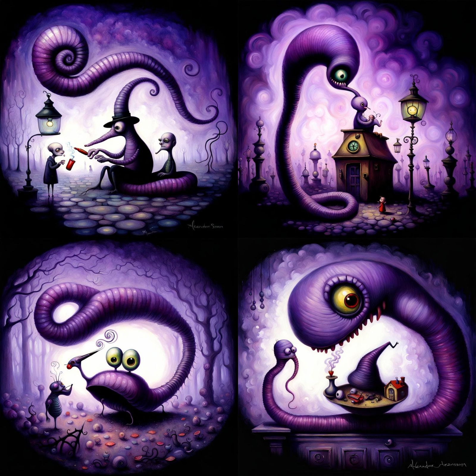Smoking Purple Worm in Shadowy Fairytale Style