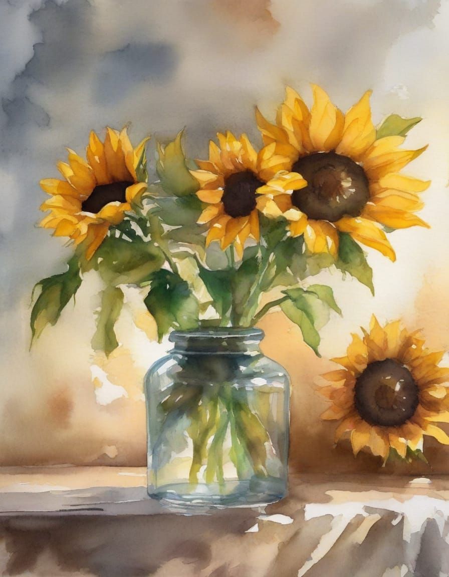 Sunflowers in a Cozy Country Setting, Painted in Vibrant Wat...