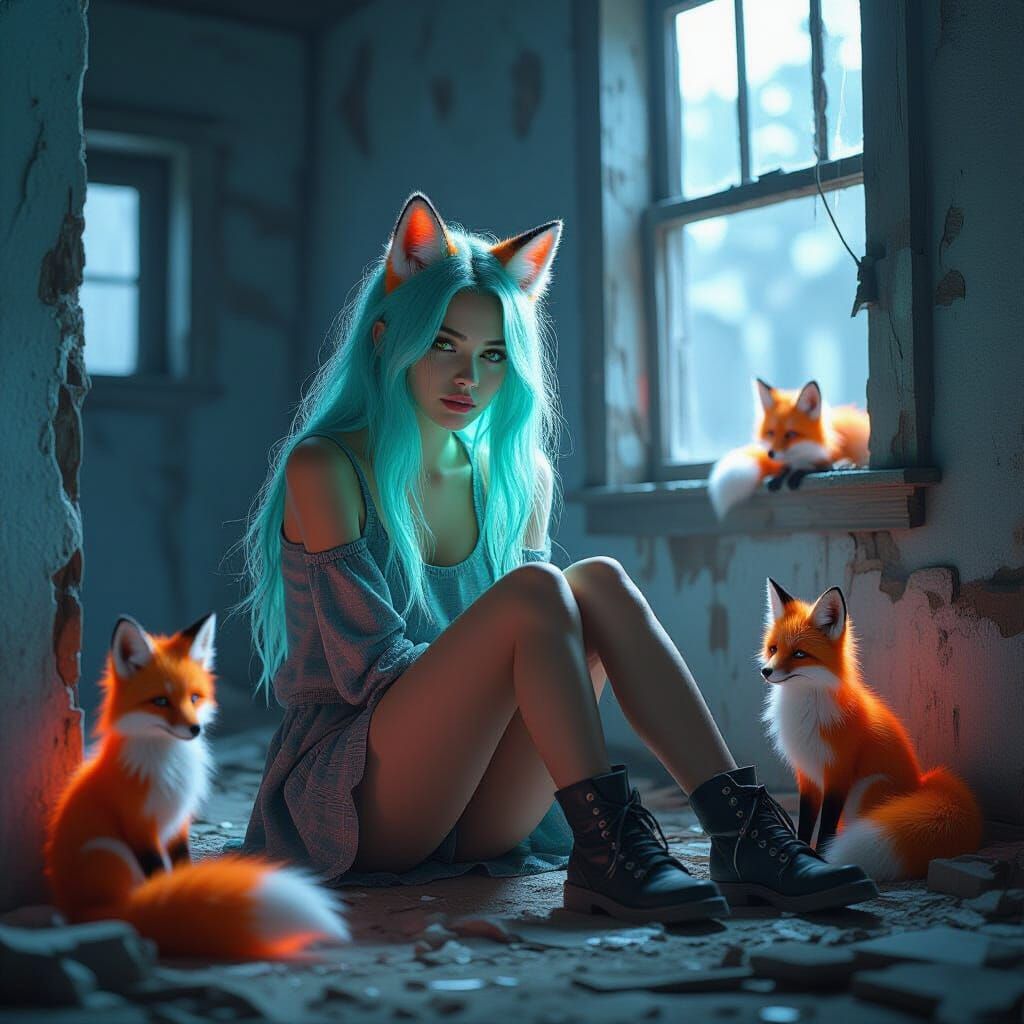 Neon Haired Woman with Foxes: Fairy Grunge Art