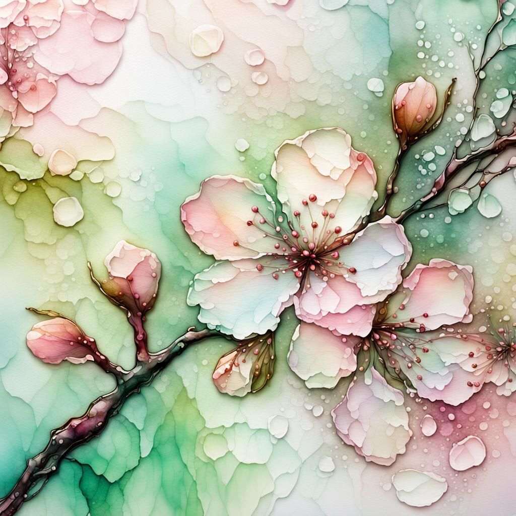 Delicate Cherry Blossom in Alcohol Ink Woodsplash Style