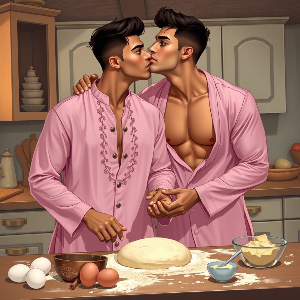 Romantic Kitchen Scene with Two Muscular Indian Men