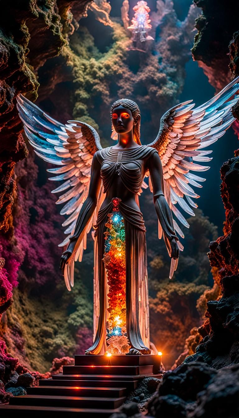 Crystal Cave with Bioluminescent Angel Skeleton