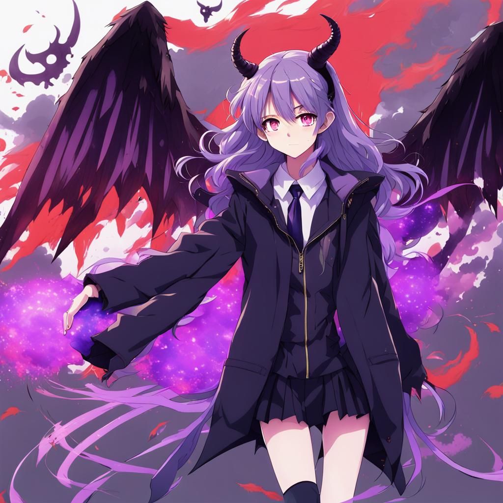 Anime Girl with Demon Wings and Violet Aura