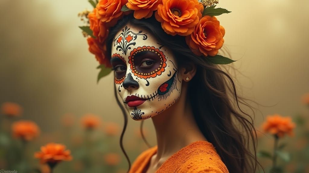 Medium shot of a beautiful woman wearing colorful Día de los Muertos face paint.