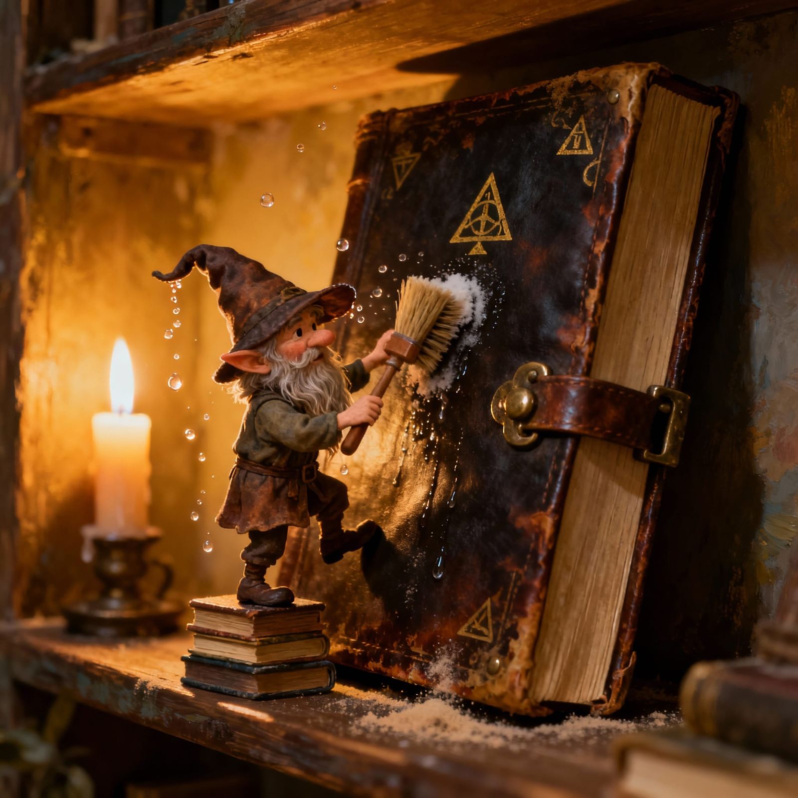 Gnome Meticulously Cleans Giant Ancient Book