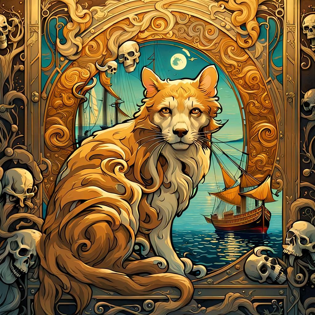 Art Nouveau Ferret Pirate Scene in Art Deco Style