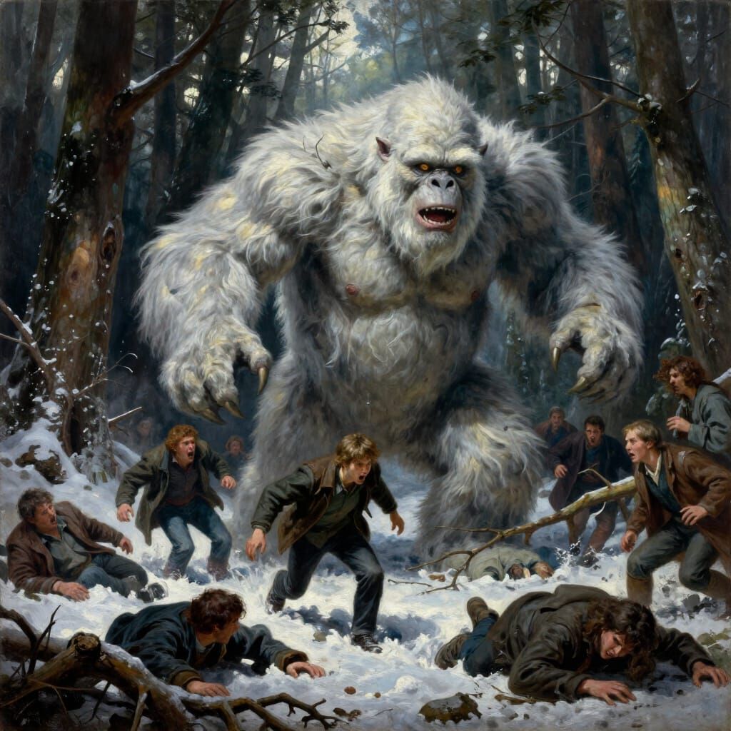 Terrifying Yeti Unleashes Power in Shadowy Forest Painting
