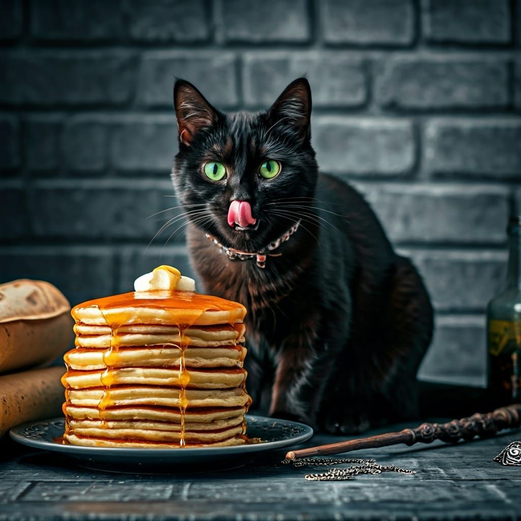 Black Cat Enjoys Pancakes in Wizard's Study