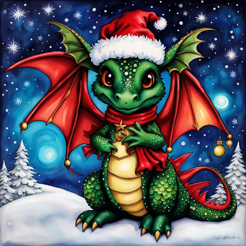 Whimsical Goth Santa Dragon in Alcohol Ink