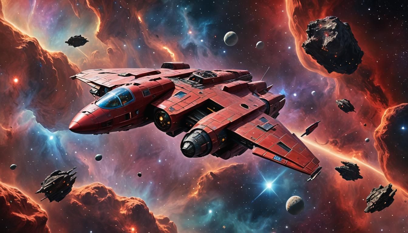 Red Dwarf Spaceship in Nebula: Surreal Sci-Fi Art