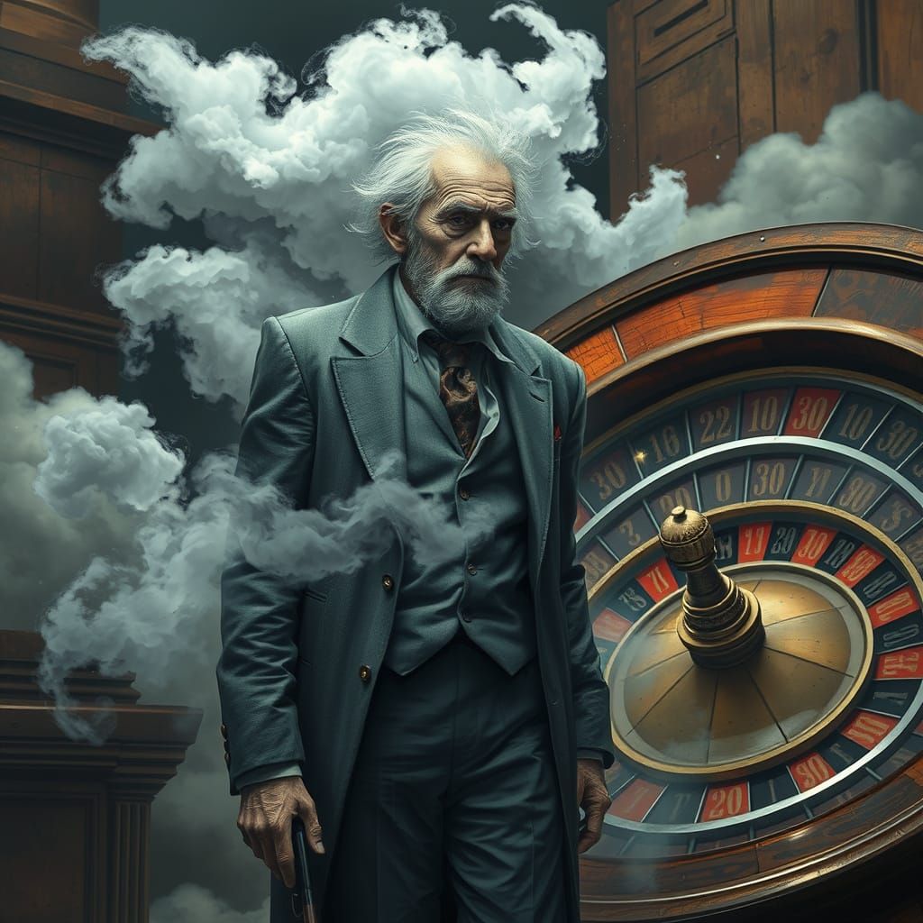 Ghostly Figure at Roulette Wheel in Dystopian Setting
