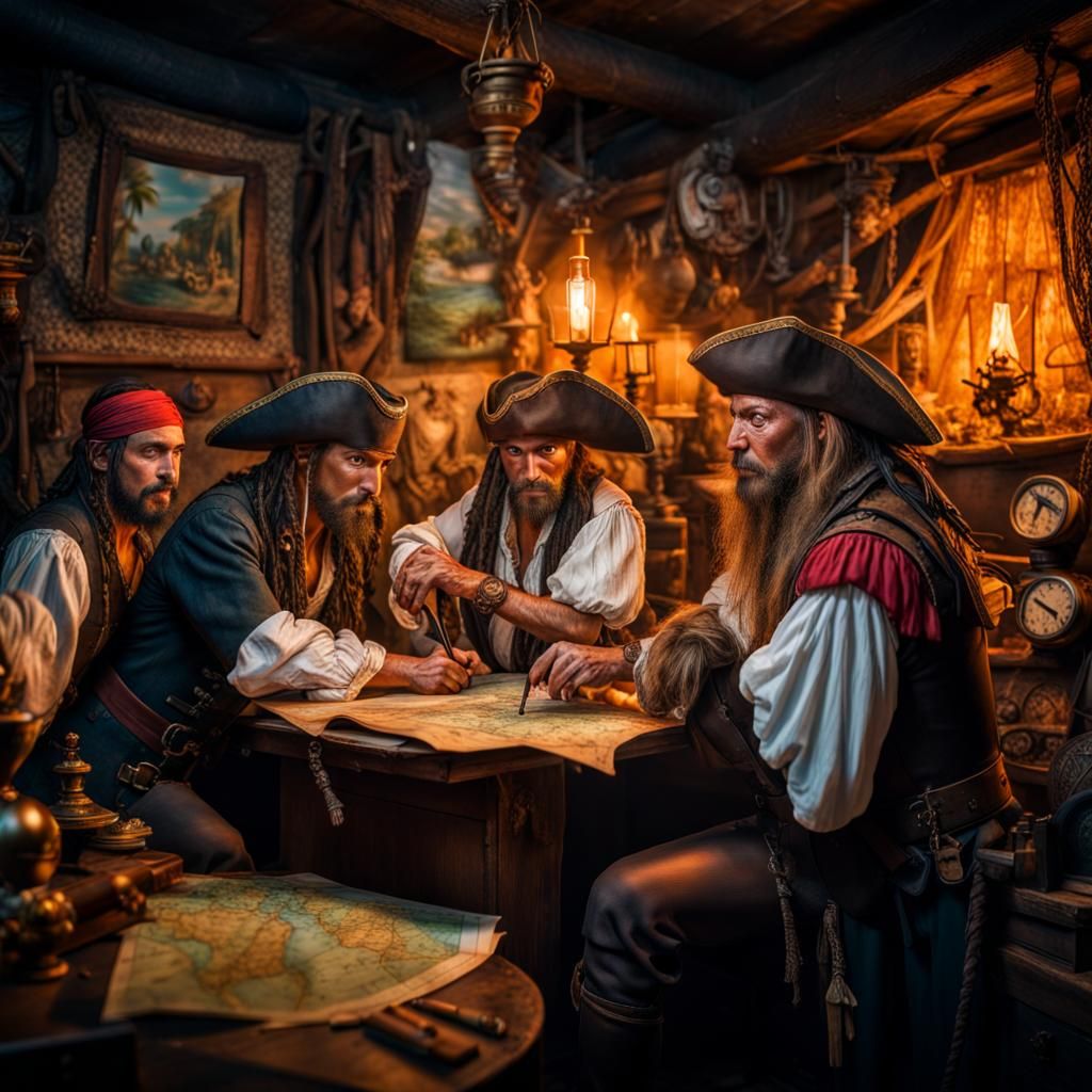 Pirates Discovering Treasure Map in Hideout