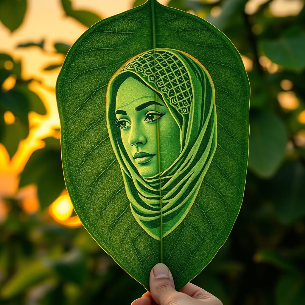 Serenely Carved Leaf Portrait in Vibrant Green