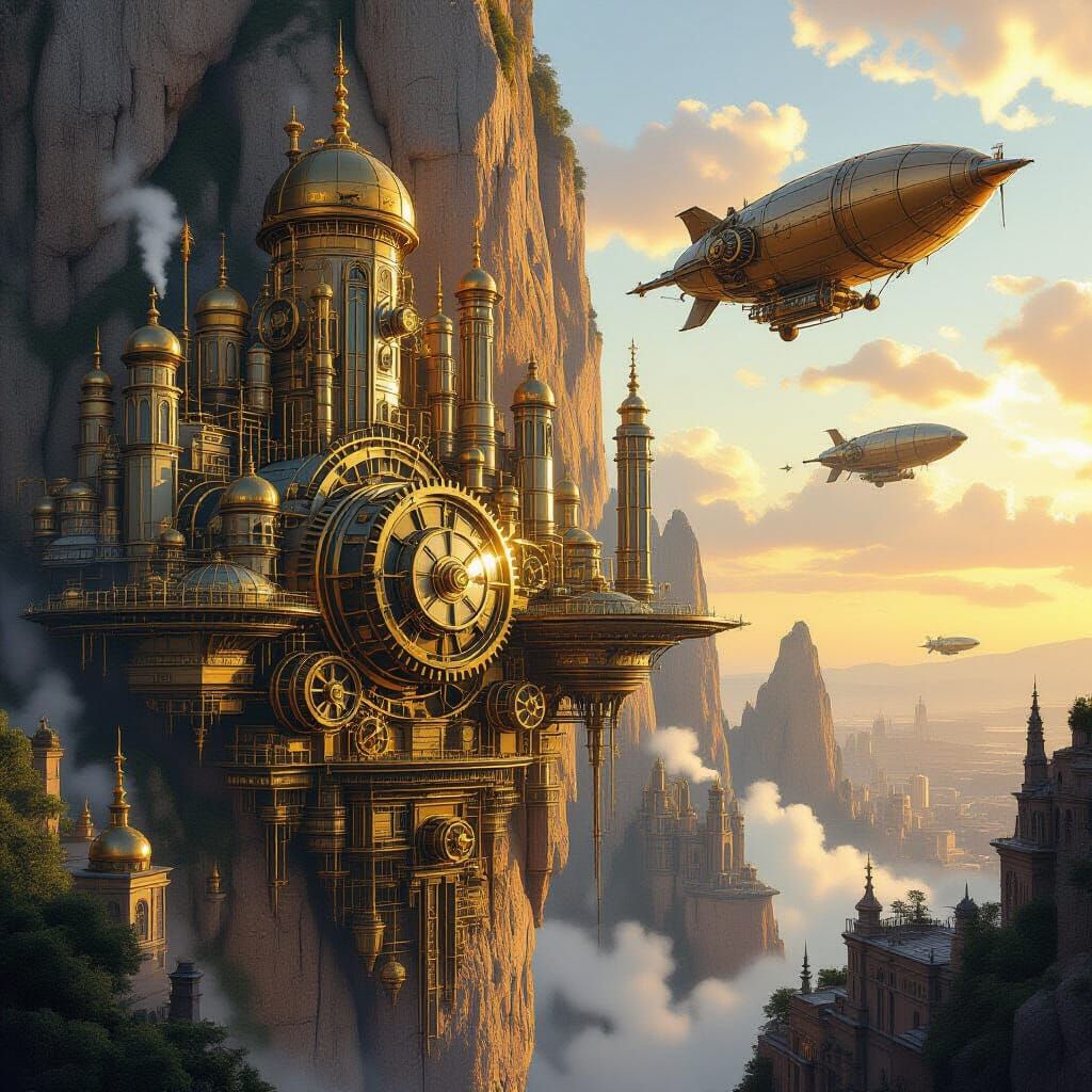Steampunk City Carved into Cliff Face at Golden Hour