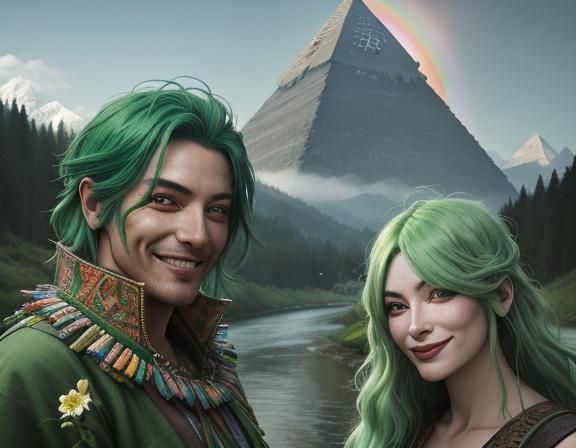 Woman with Green Hair in Surreal Landscape