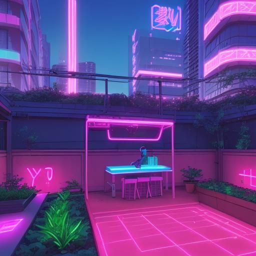 Synthwave Rooftop Garden in Neon Retro Style