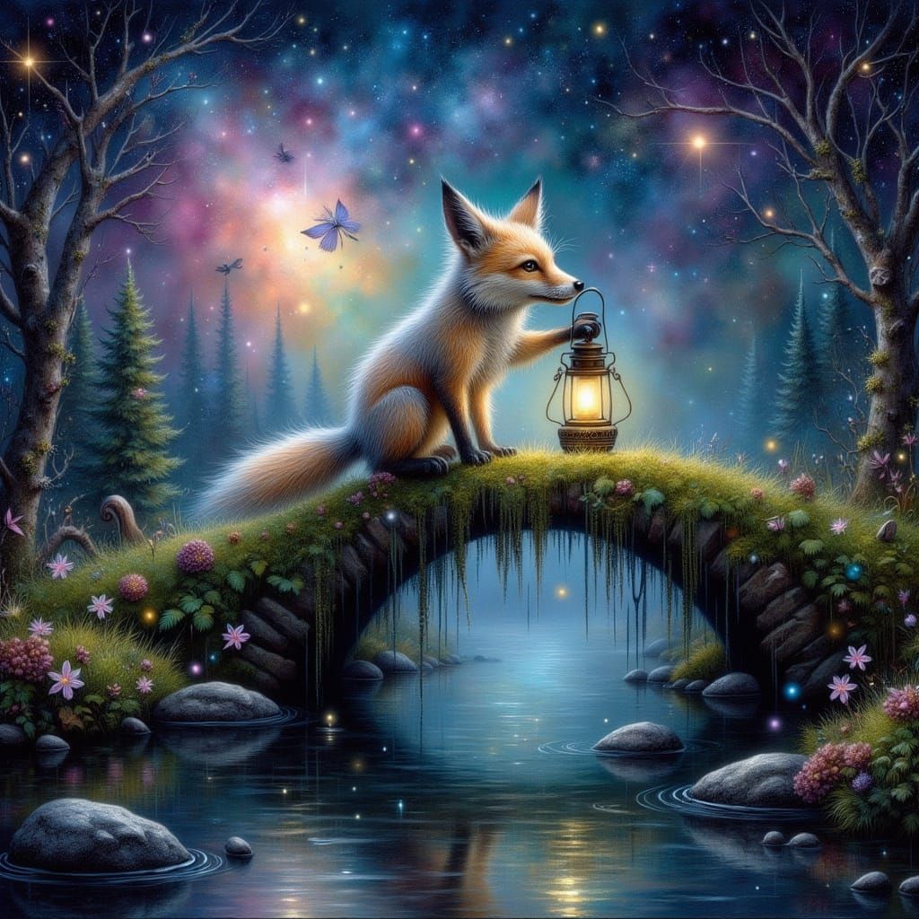 Fox with Moonbeam Fur on Bridge with Luminous Lantern