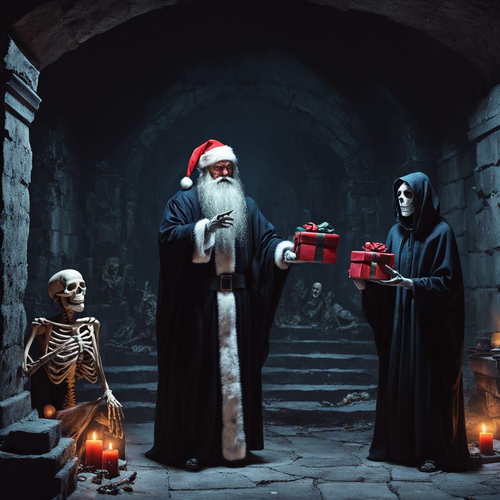 Santa Claus Delivers Presents to Monsters in a Crypt Oil Pai...