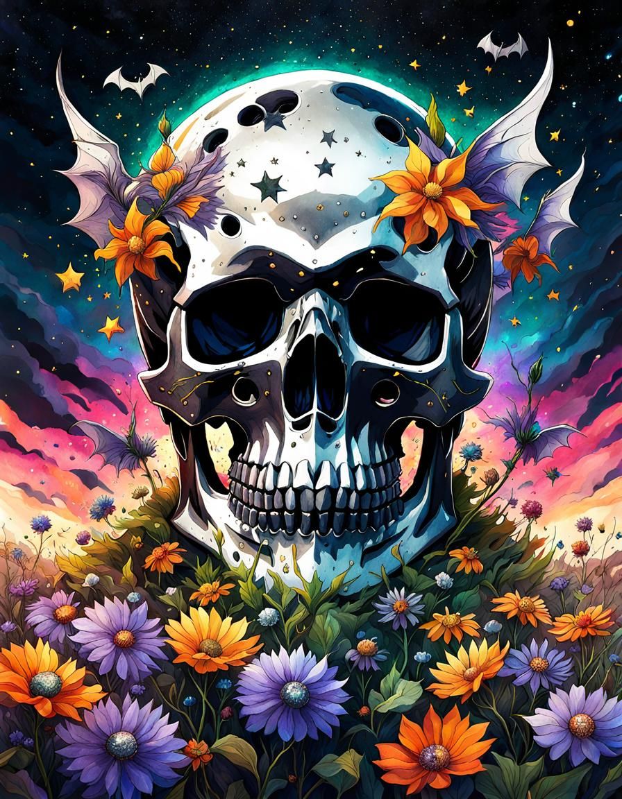 Skull and Flowers in Anime Realism Style