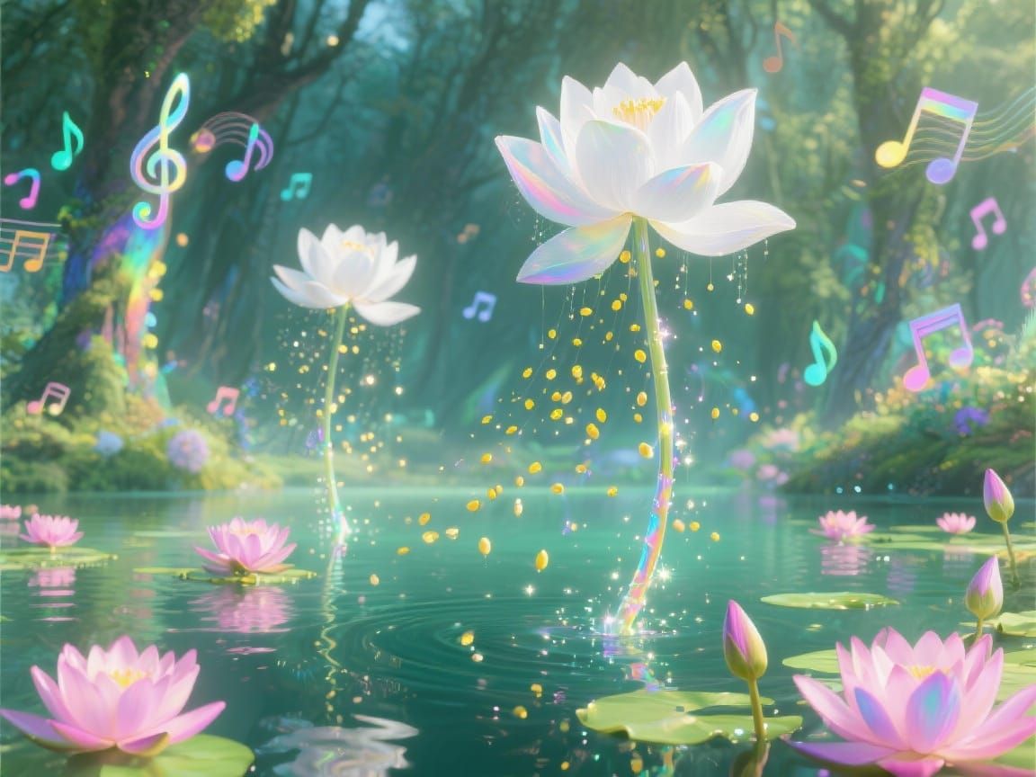Enchanted Water Garden with Music Notes and Lotus Flowers