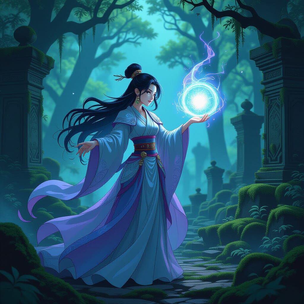 Sorceress Conjures Magic in Dark Forest