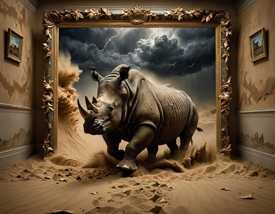 Rhino Emerges From Painting During Sandstorm
