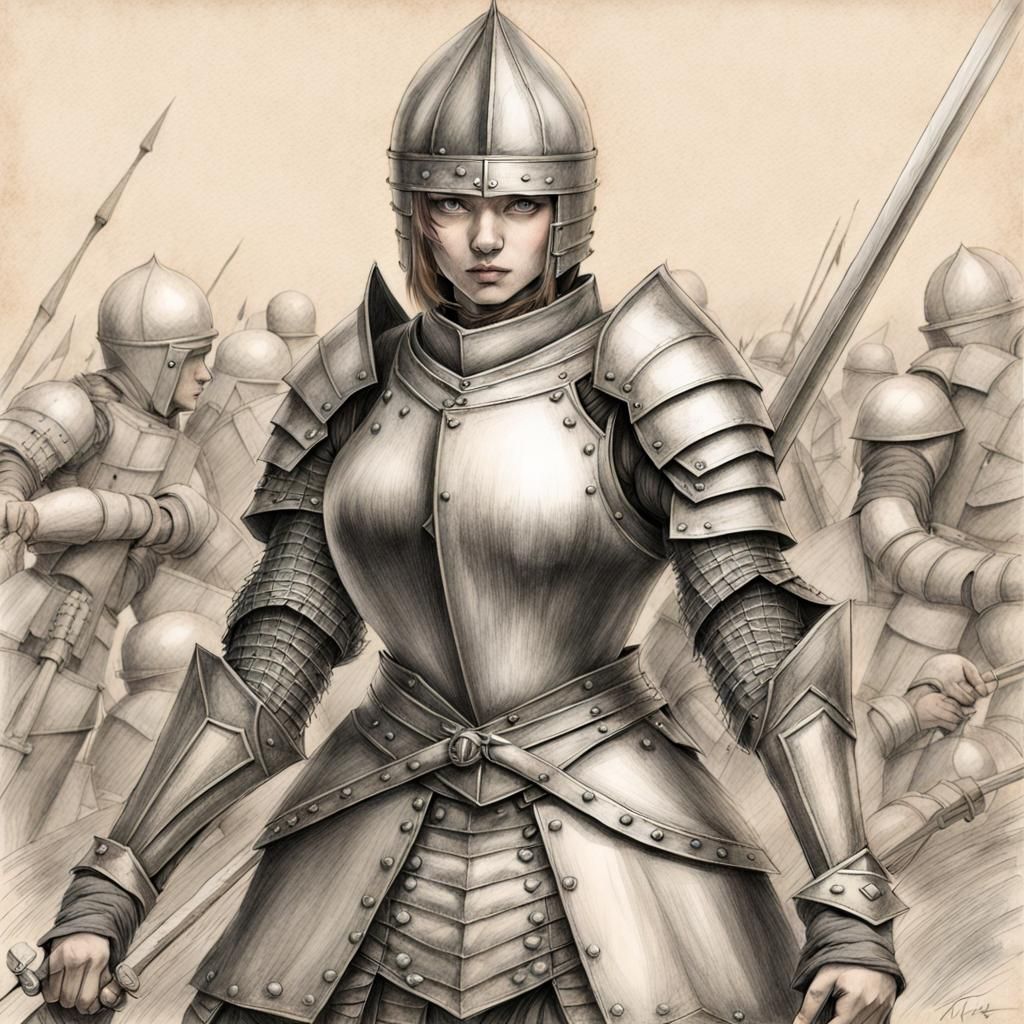 Woman Knight in Armour: Pencil Drawing