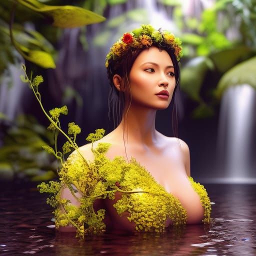 Surreal Woman Made of Flowers Bathed in Petals