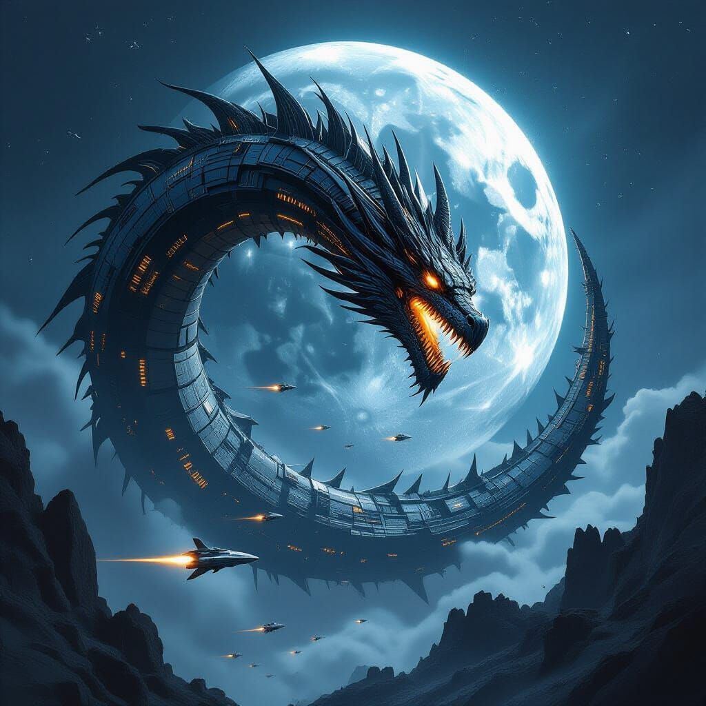 Biomechanical Dragon Coils Shattered Moon Over Space Dogfigh...