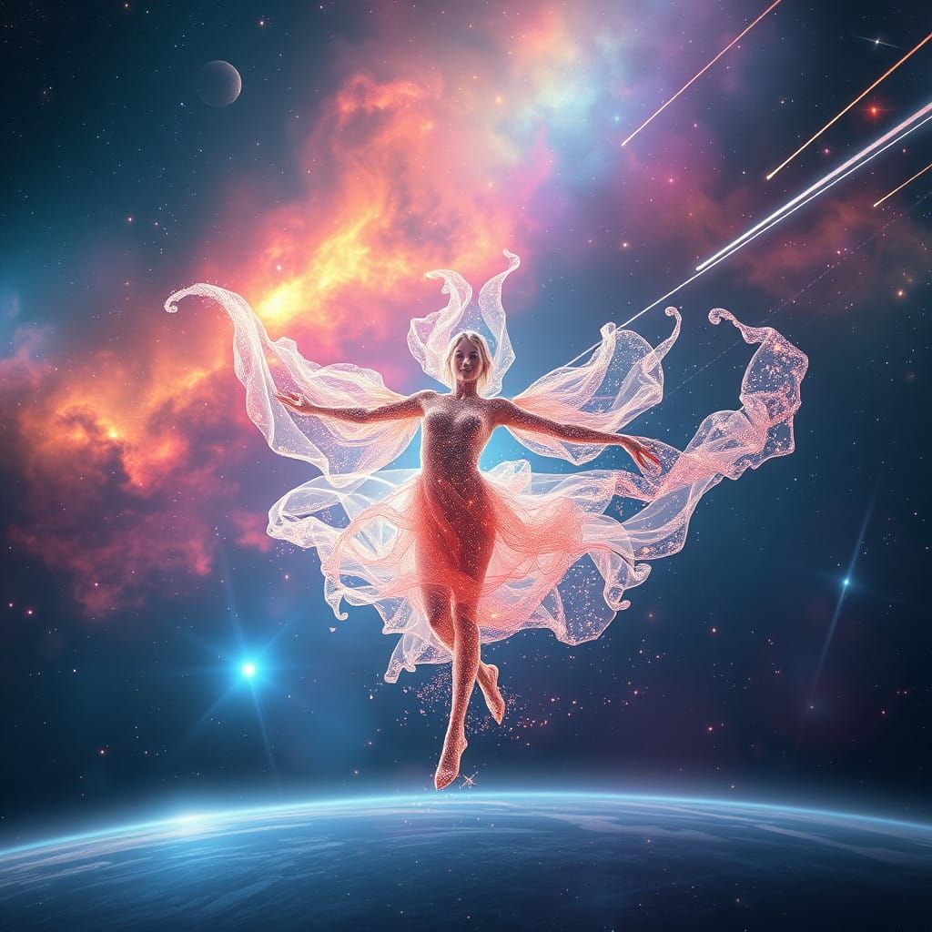 Radiant Celestial Beings Dance Amongst Vibrant Nebulae in Sp...