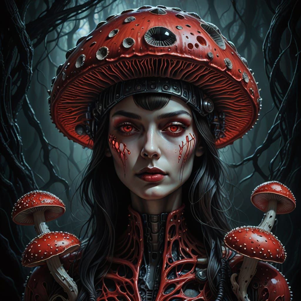 Ethereal Red Mushroom in Biomechanical Landscape